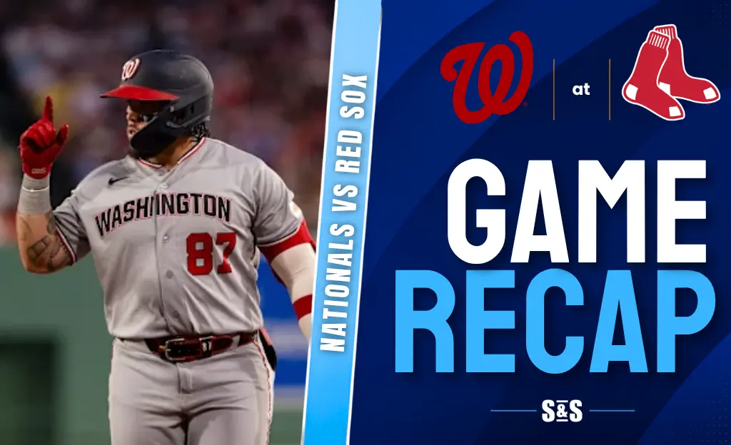 A baseball player for the Washington Nationals celebrates during a game against the Boston Red Sox, with text indicating a game recap.