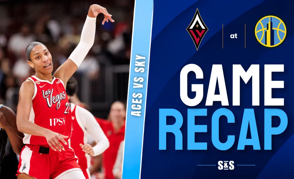 A basketball game recap graphic featuring the Aces vs. Sky, highlighting game details with team logos and a player in action.