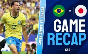 Soccer player in yellow Brazil jersey celebrating on left, scoreboard on right showing Brazil vs Japan game recap.