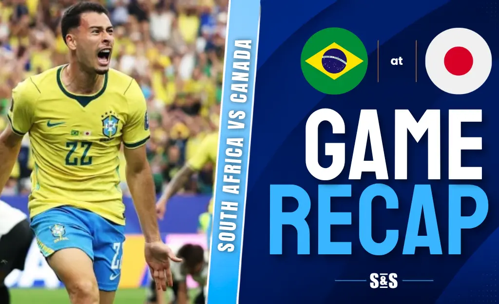 Soccer player in yellow Brazil jersey celebrating on left, scoreboard on right showing Brazil vs Japan game recap.