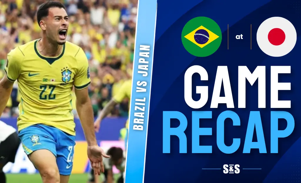 Brazil soccer player celebrating during Brazil vs Japan match, alongside text reading "Game Recap" with both countries' flags.