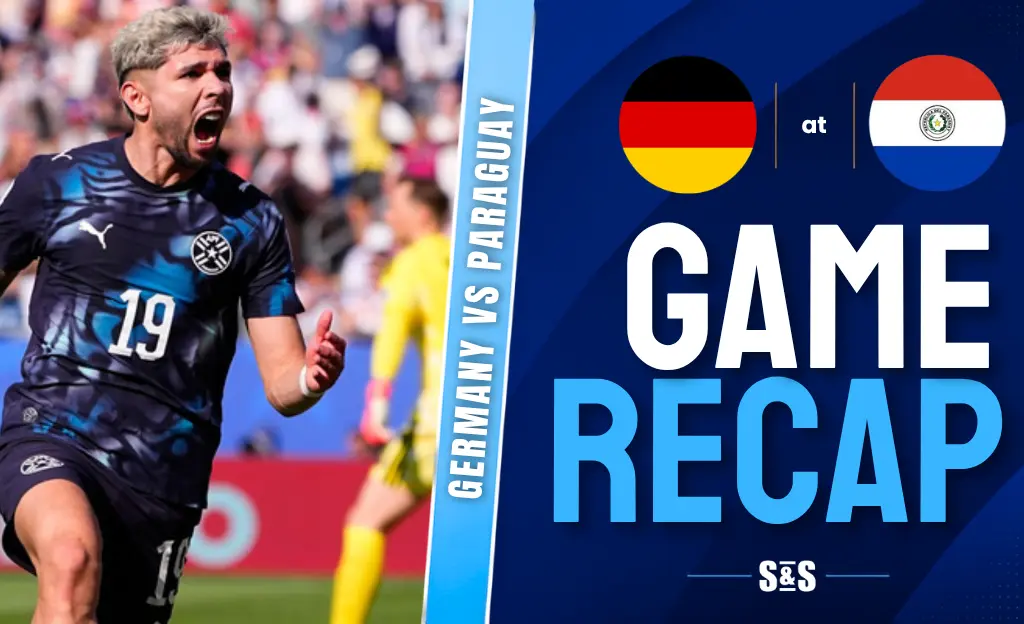 Soccer player celebrating during Germany vs Paraguay match, with game recap text and both country flags.