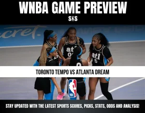 WNBA game preview featuring Toronto Tempo vs Atlanta Dream with players in black and blue uniforms on the court.