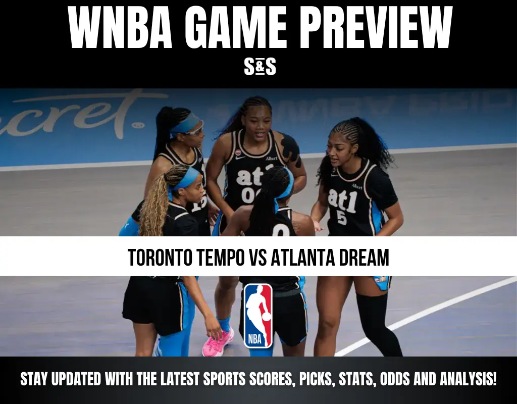 WNBA game preview featuring Toronto Tempo vs Atlanta Dream with players in black and blue uniforms on the court.
