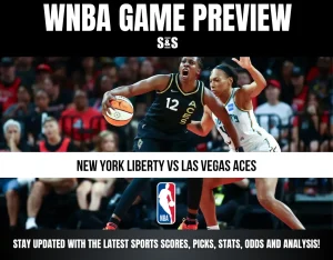 WNBA game preview featuring New York Liberty vs Las Vegas Aces, with players in action on the court and NBA logo visible.