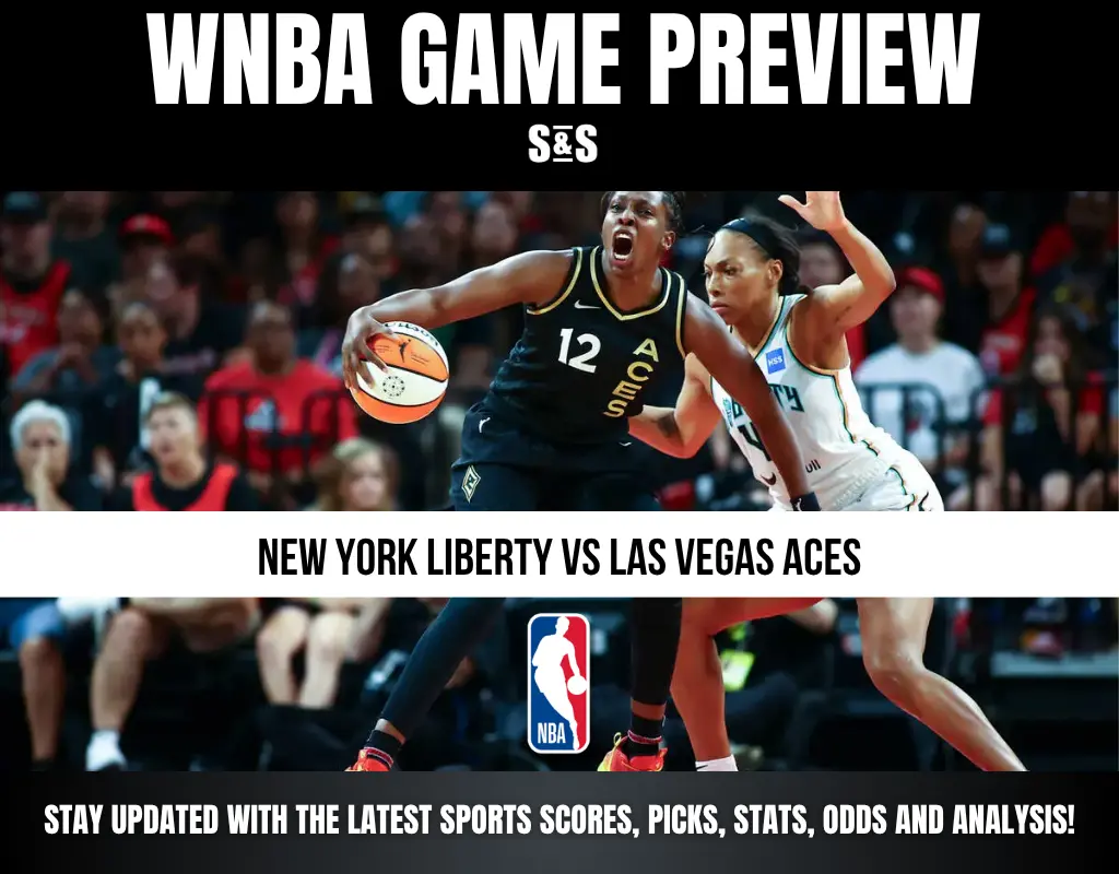 WNBA game preview featuring New York Liberty vs Las Vegas Aces, with players in action on the court and NBA logo visible.