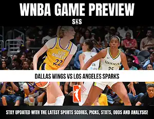WNBA game preview featuring the Dallas Wings vs. Los Angeles Sparks, with text encouraging updates on sports scores, picks, stats, odds, and analysis.