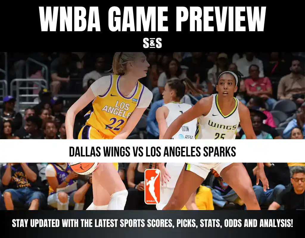 WNBA game preview featuring the Dallas Wings vs. Los Angeles Sparks, with text encouraging updates on sports scores, picks, stats, odds, and analysis.