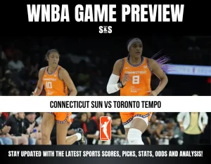 WNBA Game Preview featuring players from the Connecticut Sun, set against a backdrop highlighting the matchup between the Connecticut Sun and Toronto Tempo, with promotional text for updates on sports statistics and analysis.