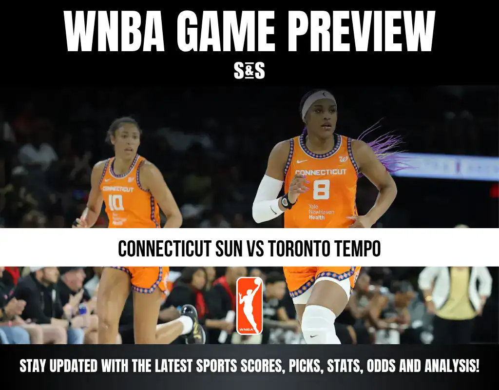 WNBA Game Preview featuring players from the Connecticut Sun, set against a backdrop highlighting the matchup between the Connecticut Sun and Toronto Tempo, with promotional text for updates on sports statistics and analysis.