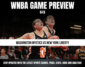 WNBA game preview for Washington Mystics vs New York Liberty with action shot of players competing on the court.