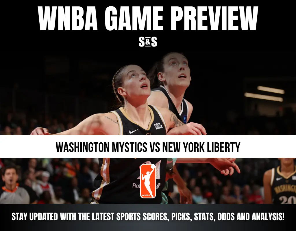 WNBA game preview for Washington Mystics vs New York Liberty with action shot of players competing on the court.