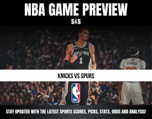 NBA game preview graphic featuring "Knicks vs Spurs" with an NBA logo at the center and a background image of a player in a Spurs uniform. Text at the top indicates it's an NBA game preview.