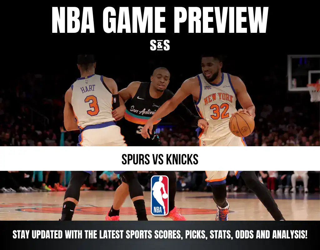 NBA game preview featuring a matchup between the Spurs and Knicks, with players from both teams in action.