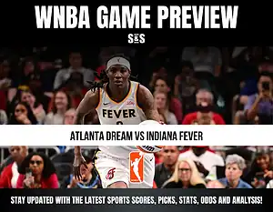 WNBA Game Preview featuring a player from the Indiana Fever with the text "Atlanta Dream vs Indiana Fever" and an invitation to stay updated with the latest sports scores, picks, stats, odds, and analysis.