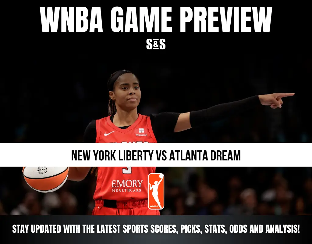WNBA Game Preview featuring a player from the New York Liberty pointing while holding a basketball, with text indicating the matchup against the Atlanta Dream.