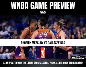 WNBA game preview featuring the Phoenix Mercury vs Dallas Wings with text promoting updates on scores, picks, stats, odds, and analysis.