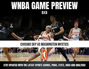 WNBA game preview highlighting a matchup between the Chicago Sky and Washington Mystics, with a call to stay updated on sports scores, picks, stats, odds, and analysis.