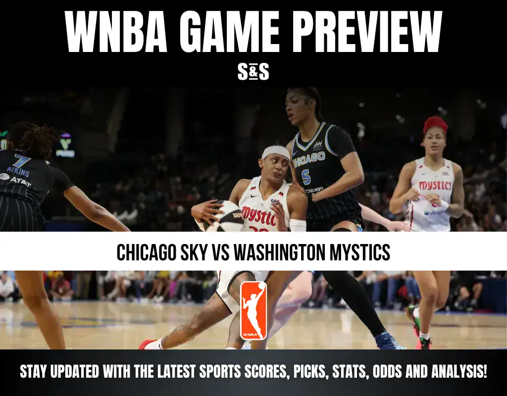 WNBA game preview highlighting a matchup between the Chicago Sky and Washington Mystics, with a call to stay updated on sports scores, picks, stats, odds, and analysis.