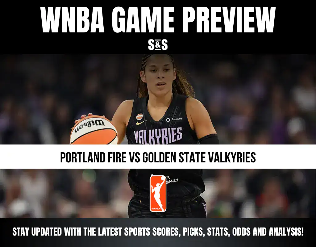 WNBA Game Preview featuring a player from the Golden State Valkyries holding a basketball, with text indicating the matchup between Portland Fire and Golden State Valkyries.