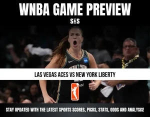 WNBA game preview featuring Las Vegas Aces vs New York Liberty with a player celebrating and text promoting sports updates and analysis.