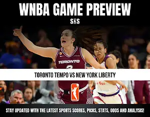 WNBA game preview featuring a player from the Toronto team, with text indicating a matchup between the Toronto Tempo and New York Liberty.