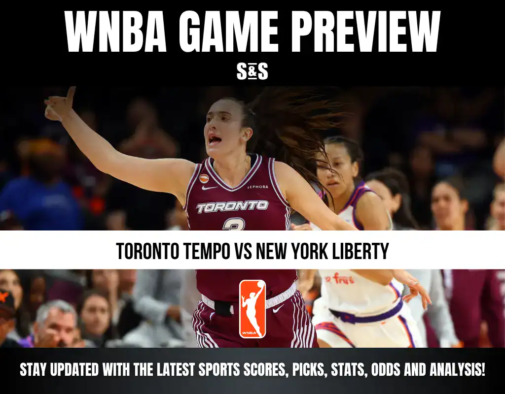 WNBA game preview featuring a player from the Toronto team, with text indicating a matchup between the Toronto Tempo and New York Liberty.