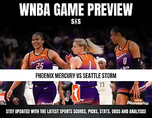 WNBA Game Preview featuring the Phoenix Mercury vs. Seattle Storm, with players from the Phoenix Mercury visible in a team setting.