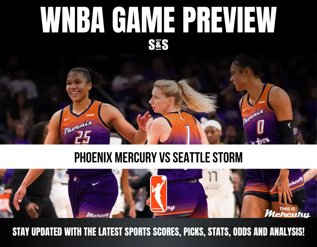 WNBA Game Preview featuring the Phoenix Mercury vs. Seattle Storm, with players from the Phoenix Mercury visible in a team setting.