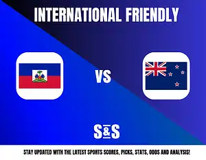 International Friendly graphic featuring the flags of Haiti and New Zealand, with text "vs" in between, and a footer promoting updates on sports scores, picks, stats, odds, and analysis.