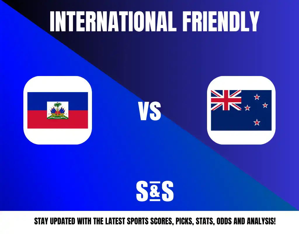 International Friendly graphic featuring the flags of Haiti and New Zealand, with text "vs" in between, and a footer promoting updates on sports scores, picks, stats, odds, and analysis.