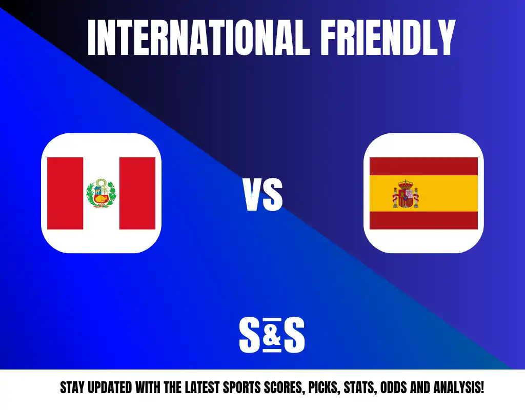 International friendly match between Peru and Spain, featuring their respective flags. Text at the bottom promoting sports updates.