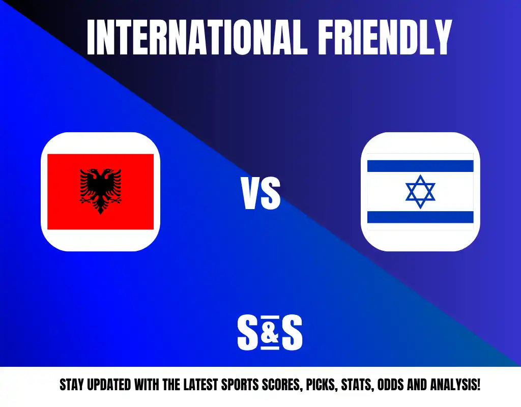 International Friendly between Albania and Israel, with promotional text for sports updates.