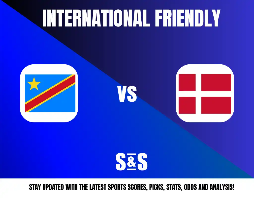 International Friendly: Flag of the Democratic Republic of Congo vs. Flag of Denmark, with a promotional text below for sports updates.