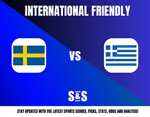 International Friendly: Sweden vs Greece, with promotional text for updates on sports scores, picks, stats, odds, and analysis.