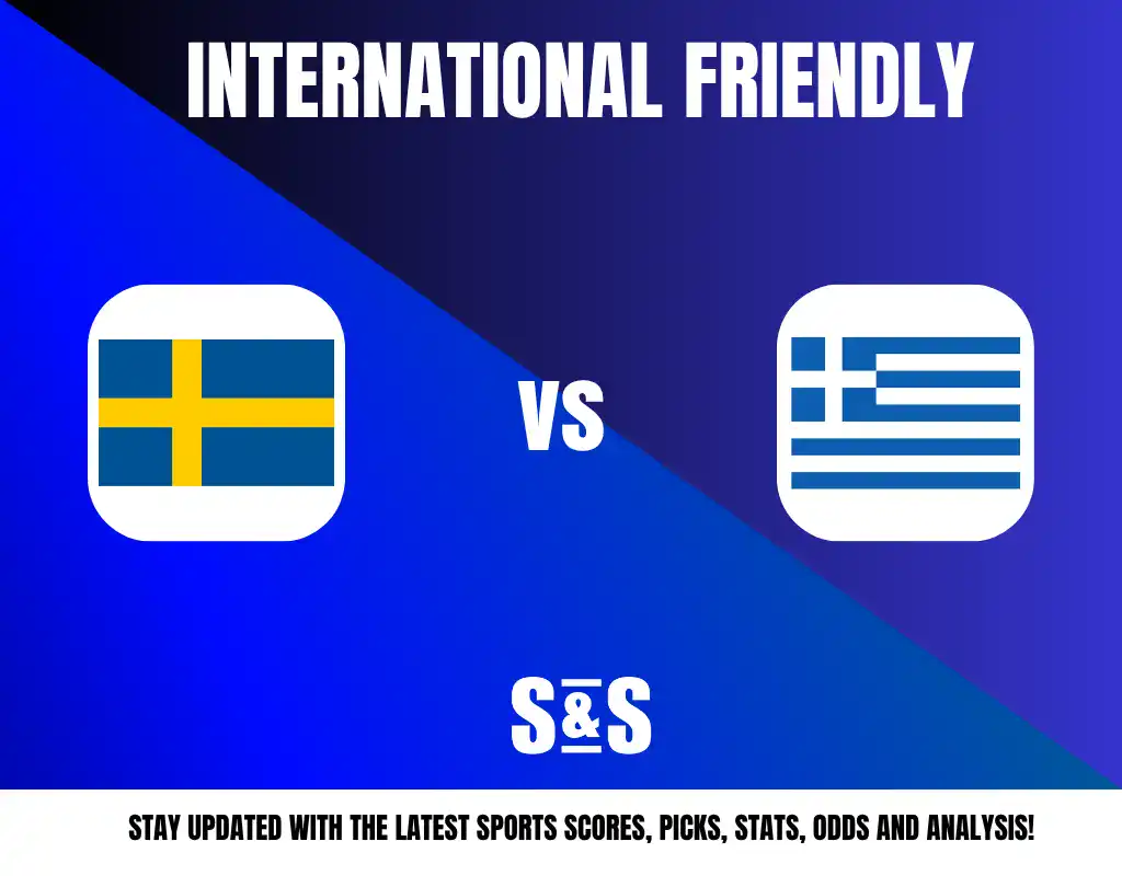 International Friendly: Sweden vs Greece, with promotional text for updates on sports scores, picks, stats, odds, and analysis.