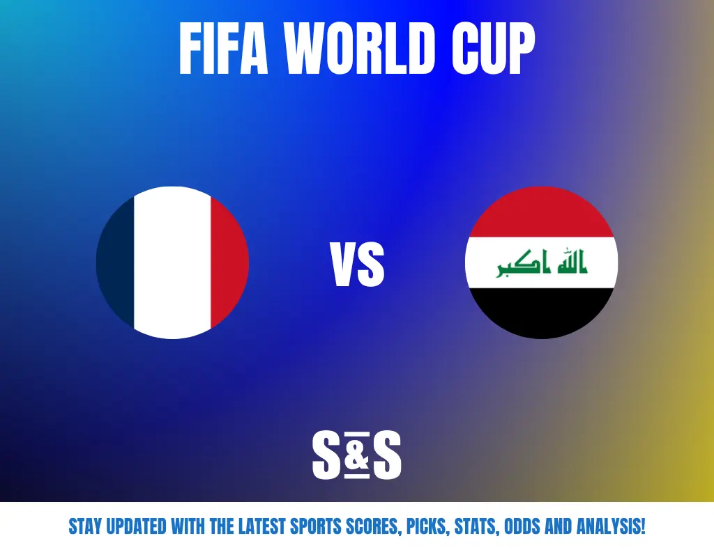 FIFA World Cup match announcement featuring France and Iraq flags with "Stay updated with latest sports scores, picks, stats, odds, and analysis" text.