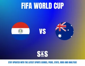 FIFA World Cup match graphic showing Paraguay vs Australia with a gradient blue-yellow background.