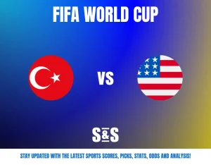 FIFA World Cup match preview showing Turkey vs United States with their flags on a blue gradient background.