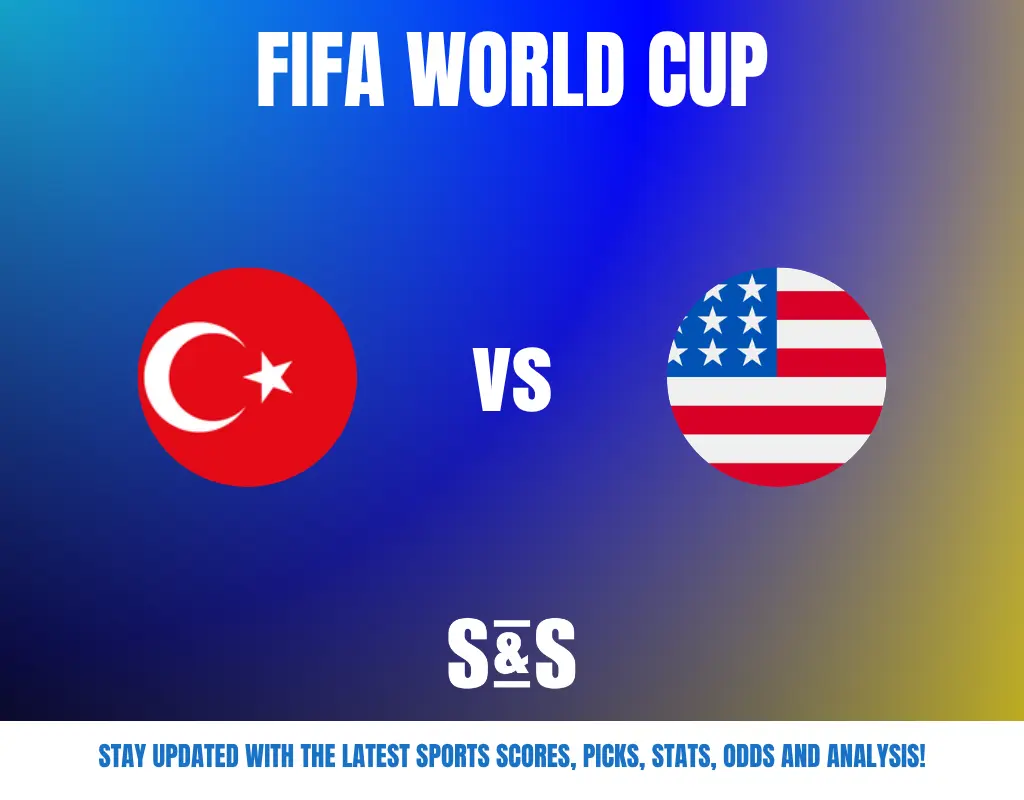FIFA World Cup match preview showing Turkey vs United States with their flags on a blue gradient background.