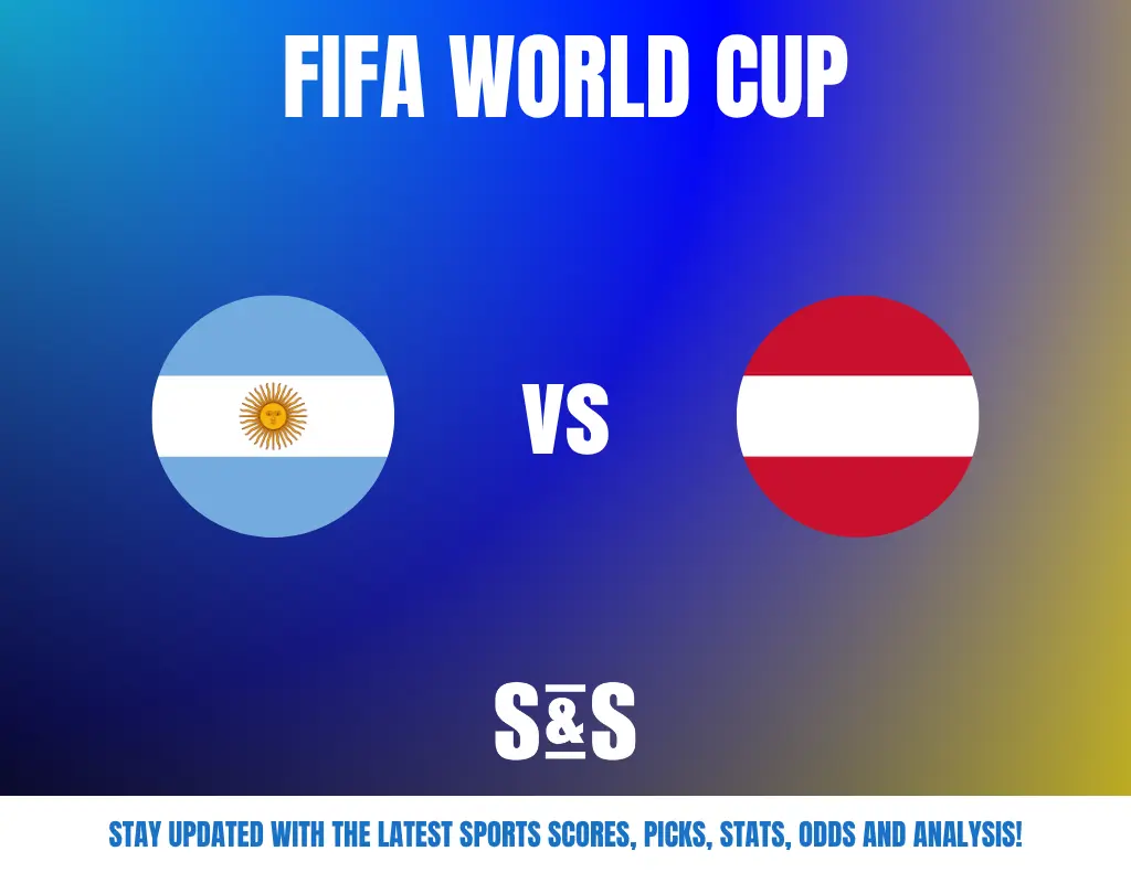 FIFA World Cup match announcement showing Argentina vs Austria flags on a blue and yellow gradient background.