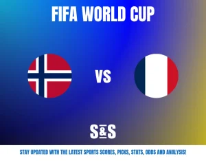 FIFA World Cup match announcement with Norway vs France flags and an update prompt for scores, picks, stats, odds, and analysis.