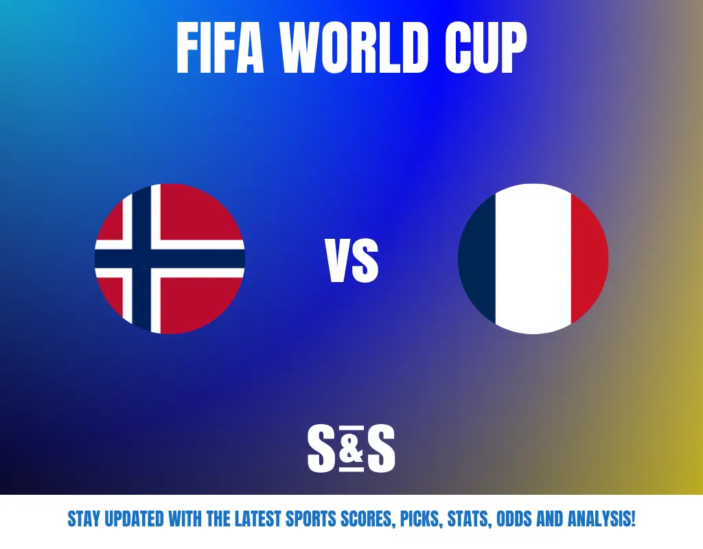FIFA World Cup match announcement with Norway vs France flags and an update prompt for scores, picks, stats, odds, and analysis.