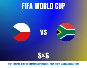 FIFA World Cup graphic featuring the flags of the Czech Republic and South Africa, along with the text "vs" and a call to stay updated with sports scores, picks, stats, odds, and analysis.