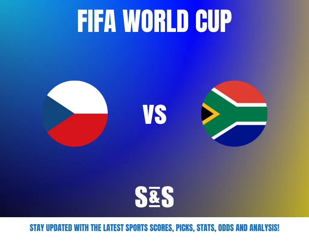 FIFA World Cup graphic featuring the flags of the Czech Republic and South Africa, along with the text "vs" and a call to stay updated with sports scores, picks, stats, odds, and analysis.