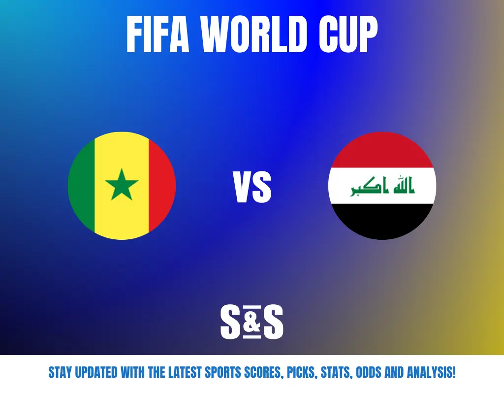 FIFA World Cup match announcement featuring Senegal vs Iraq with their flags on a blue and yellow gradient background.