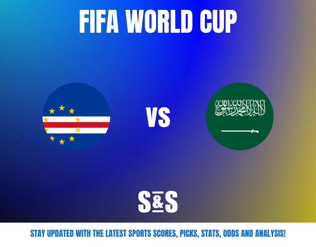 FIFA World Cup match preview showing Cape Verde and Saudi Arabia flags with a call to stay updated on scores, picks, stats, odds, and analysis.