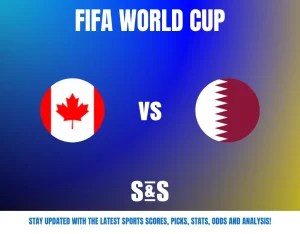 FIFA WORLD CUP graphic featuring flags of Canada and Qatar with "vs" in the center, and a note to stay updated with sports scores and analysis.