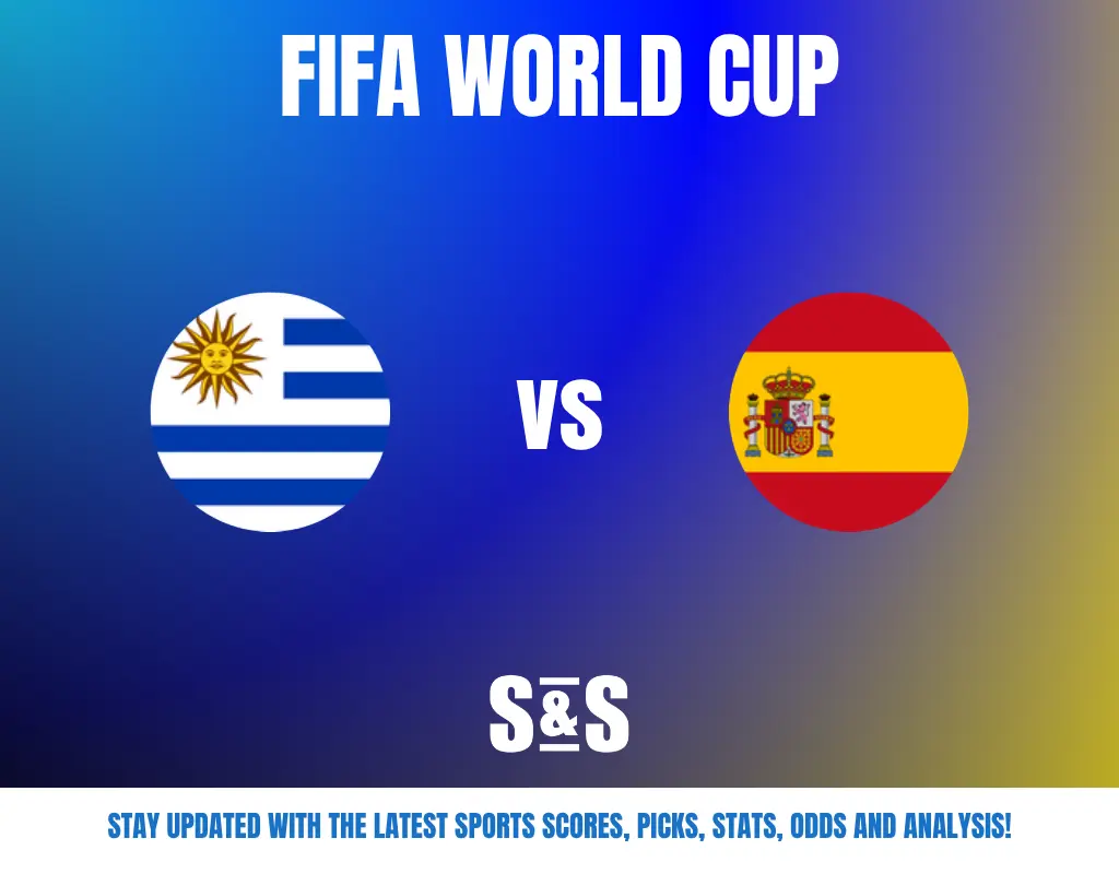 FIFA World Cup match graphic showing Uruguay vs Spain with their flag icons on a blue-yellow gradient background.
