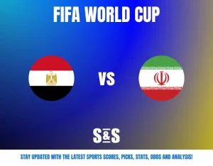 FIFA World Cup match graphic showing Egypt vs Iran with their flags on a blue and yellow gradient background.
